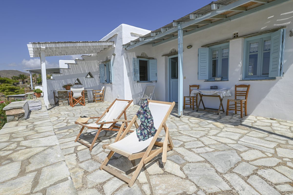 Stone terrace with sea views, Tinos holiday house